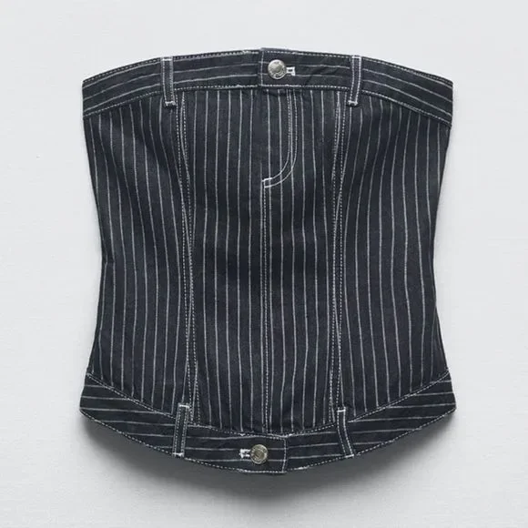 ZARA NEW WOMAN OFF-SHOULDER TRF DENIM TOP WITH STRIPES MEDIUM 5252/009/133/15 - Picture 5 of 9